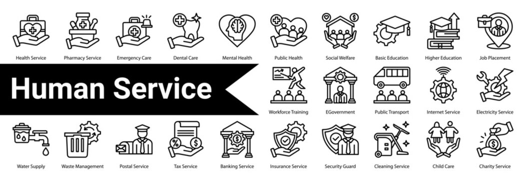 Human Service icon sheet and collection containing: health service, pharmacy service, emergency care, dental care, mental health, public health, social welfare, basic education, higher education
