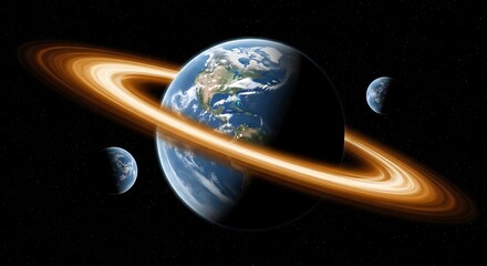 Earth with glowing rings and moons in deep space.