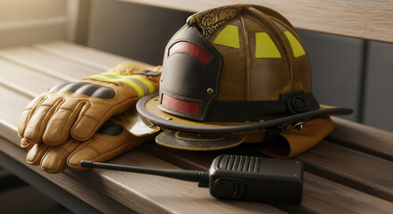 Professional firefighter helmet, gloves, and radio ready for urgent rescue missions, symbolizing bravery and dedication.