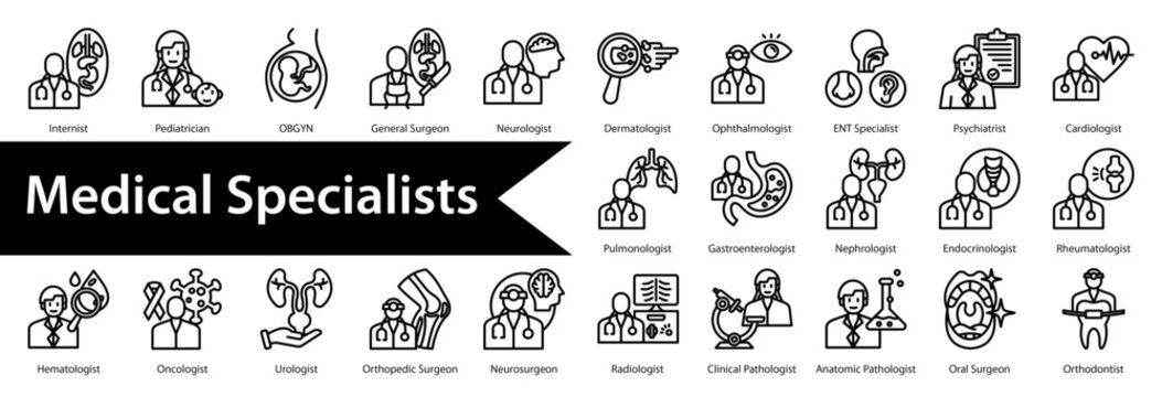 Medical Specialists icon sheet and collection containing: internist, pediatrician, obgyn, general surgeon, neurologist, dermatologist, ophthalmologist, ent specialist, psychiatrist, cardiologist