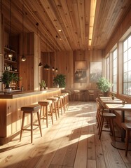 A warmly lit interior showcases a wooden-paneled bar, stools, tables, and flooring, accented by natural light and framed landscape art
