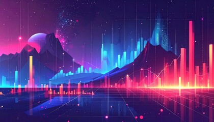 A vibrant digital illustration featuring stylized mountains and neon-lit data visualization bars within a futuristic, space-themed scene