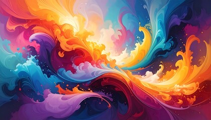 A vibrant swirling abstract depicts flowing, colorful energy waves in hues of red, orange, yellow, blue, and purple, evoking a dynamic feel