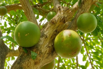 Large Fresh Pomelo Fruit (Citrus maxima) on Branch
