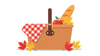 Woven picnic basket with red gingham cloth apple baguette and scattered red and yellow autumn leaves