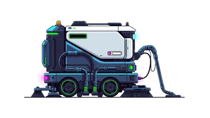 Pixel art futuristic autonomous floor cleaner with brushes vacuum hose dark blue and white chassis green and pink lights