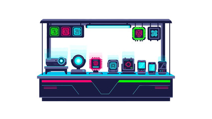 Pixel art display case with a projector camera microchips and handheld devices illuminated by neon lights