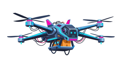 Pixel art futuristic blue and pink drone with six propellers exposed wires and a package on white