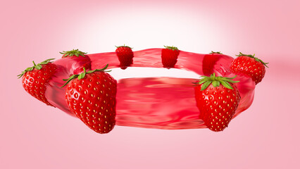 3D rendering of Fresh Strawberries Floating in Pink Liquid Splash Ring on Pastel Background

