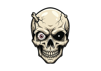 Creepy Cracked Skull with One Eye and a Bone Fragment on a White Background