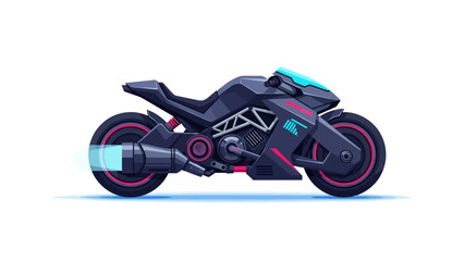 Pixel art futuristic motorcycle with blue and pink neon accents and a glowing exhaust on white