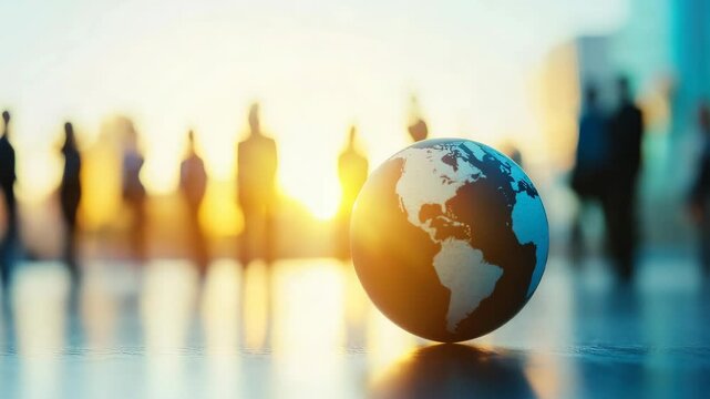 Silhouetted figures in background with globe under sun's radiance