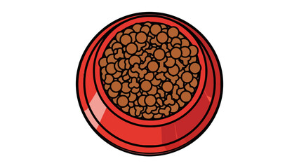 Red pet bowl from top view filled with brown circular and boneshaped dry kibble on a white background