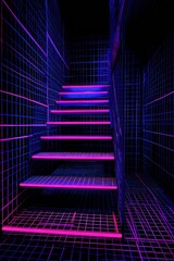 Abstract Staircase in Neon Blue and Pink Wireframe Structure Against Dark Backdrop
