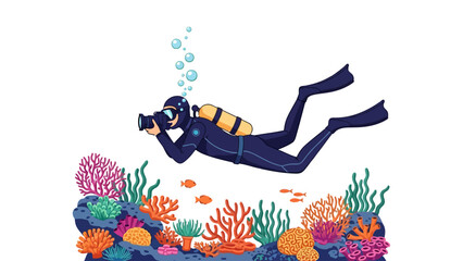 Scuba diver in wetsuit and flippers holding a camera swims over colorful coral reef with fish and bubbles