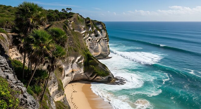 Dramatic coastal cliffs overlooking a pristine sandy beach with turquoise ocean waves.
