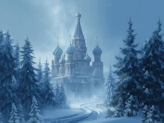 Fototapeta premium Magical Frozen Castle Surrounded by Snowy Trees