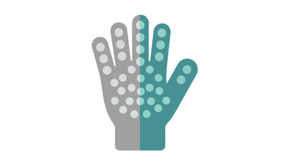 Stylized hand graphic split gray and teal covered with light circular dots on each half
