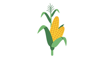 Stylized illustration of a corn plant with green stalks and leaves featuring two yellow ears of corn