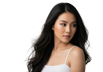 Naklejka premium Beautiful asian woman with long dark hair isolated on transparent background