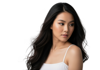 Beautiful asian woman with long dark hair isolated on transparent background