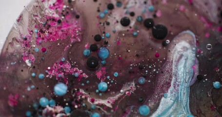 Color bubbles. Paint oil pigment. Defocused blue pink emulsion fluid dark black mix liquid round floating on abstract art background. - Powered by Adobe