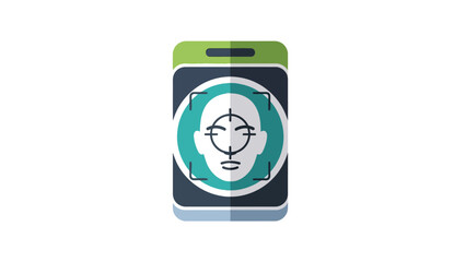 Stylized smartphone displays a facial recognition scan with a face outline and target reticle on a teal circle