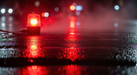 Red emergency beacon flashes urgently on wet asphalt at night, reflecting vibrant lights and creating a dramatic atmosphere for urgent alerts or warnings.
