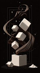 Abstract Still Life with Flowing Bronze and Floating White Cubes in Dark Studio Setting