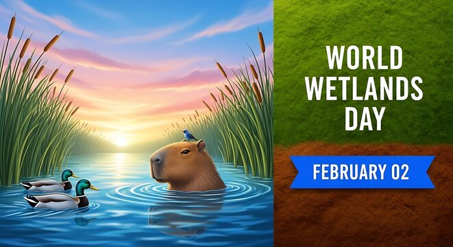World wetlands day illustration with capybara, ducks, and cattails in a serene wetland landscape, celebrating the importance of wetland conservation