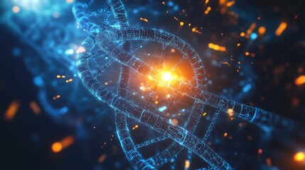 Dna digital wireframe helix structure with glowing light