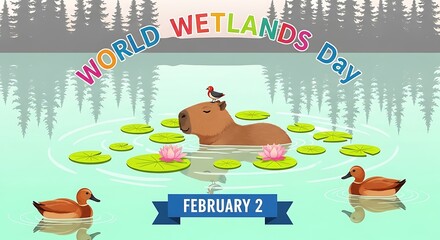 World wetlands day greeting card with capybara and duck in the lake february 2, international environment holiday celebration