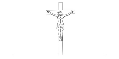 Continuous line of Jesus on the cross. Draw one line sign of God Jesus. Symbolizes the Christian crucifixion. Suitable for themes of faith, spirituality, religion, and symbolic art.