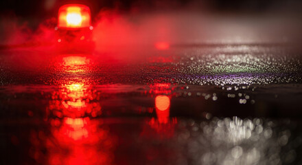 Urgent red emergency light flashes through misty night, creating dramatic reflections on wet, glistening surface