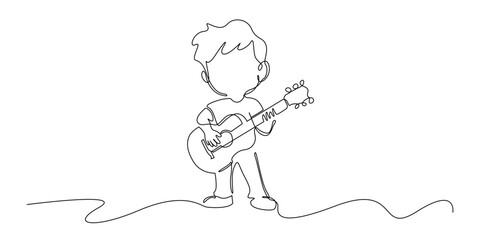 Continuous line illustration of a child playing a guitar.
One line drawing in a simple minimalist style, suitable for music themes, childhood creativity, and artistic expressions.