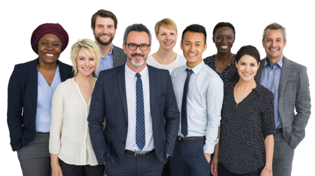 Diverse group of professionals smiling together.