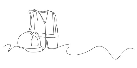 Continuous line illustration of a construction safety helmet and reflective vest.One line drawing  work equipment.suitable for construction themes, engineering concepts, and workplace safety elements.