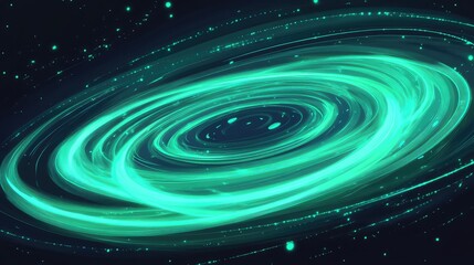 Swirling green neon lights forming a futuristic galaxy vortex