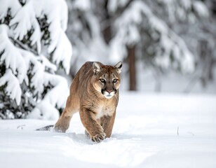 A large cat with tan fur stalks forward through deep snow in a winter forest, its gaze fixed ahead