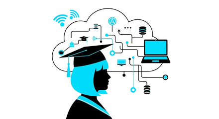 Illustration of online education and cloud technology learning