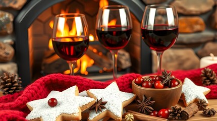A cozy christmas scene with wine glasses star cookies and a fireplace in the background setting the mood