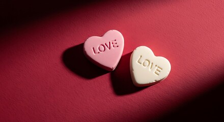 Two candy hearts with the word love on a red background, symbolizing affection, romance, and valentines day, creating a sweet and loving atmosphere