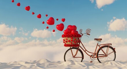 Whimsical bicycle with basket overflowing with red hearts floating on clouds against a blue sky, symbolizing love and romance in a dreamlike setting