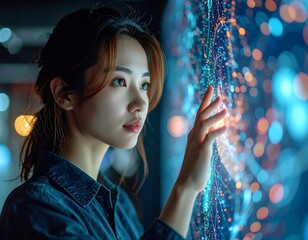 A woman gently touches a glowing, digital, animated wall of light. It depicts connections and flowing data. Soft focus
