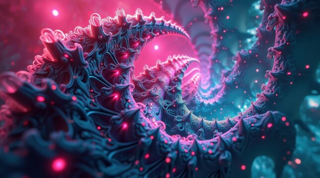 Abstract fractal spiral with neon pink and teal lights