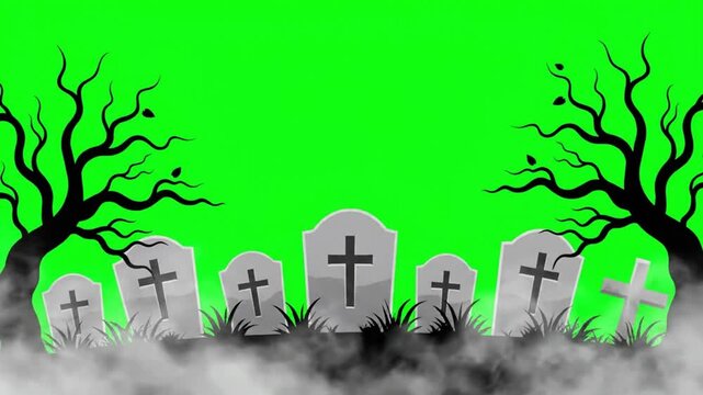 Spooky Graveyard Scene with Fog and Green Screen Background.