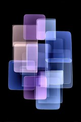 Abstract Transparent Rectangles in Purple Blue and White on Black Background with Overlapping Shapes and Geometric Design Creating a Modern Art Composition