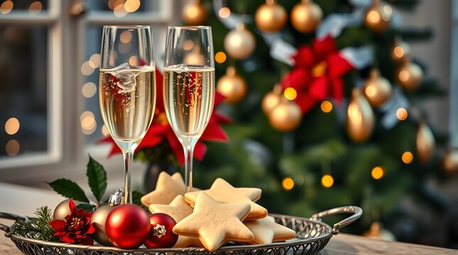Celebration with champagne glasses and star shaped cookies on a tray near christmas tree