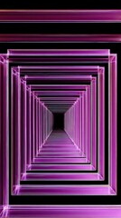 Abstract Tunnel with Translucent Lavender Pink Prisms and Repeating Square Frames Against Black Background With Bright Neon Light Streaks