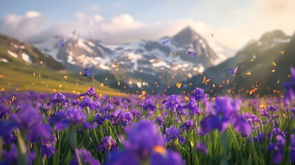 Obraz premium Sunlit Mountain Meadow Of Purple Irises At Dusk